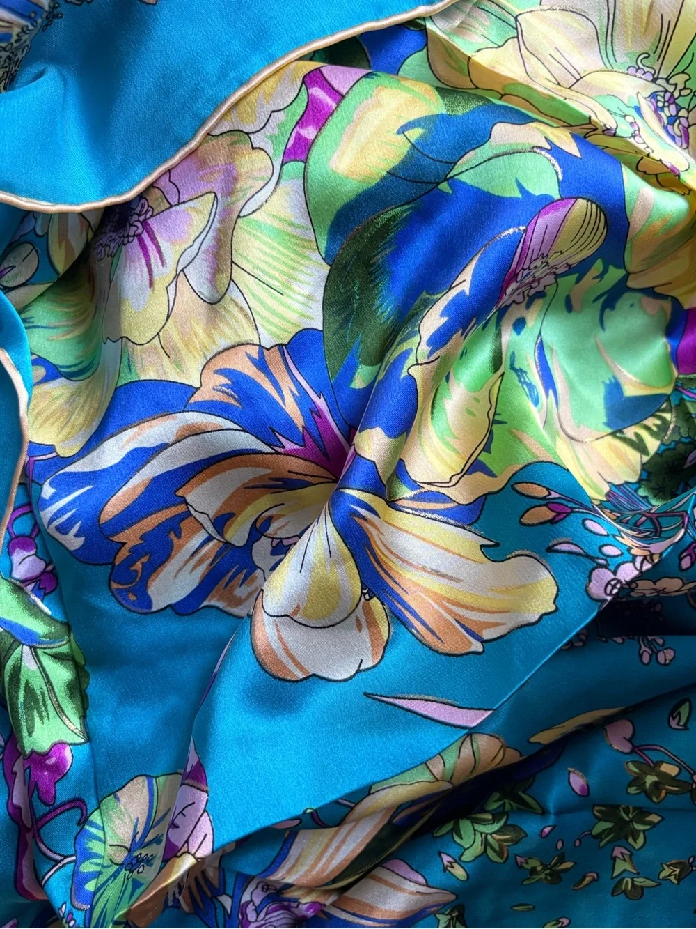 Blue Floral Satin Silk Scarf - Elegant Women's Wrap